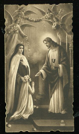 Antique Holy Card Of Communion Girl With St Therese And Jesus