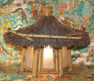 Retro Vintage Tiki Hut Electric Table Lamp,  Hawaiian Or Polynesian Bamboo Rattan