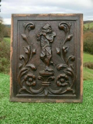 19thc Wooden Oak Carved Panel With Musician Figure Playing Pipes C.  1860