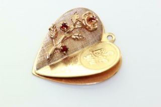 Vintage 14k Gold Heart I Love You Charm With Rose Flower Pendant Garnet