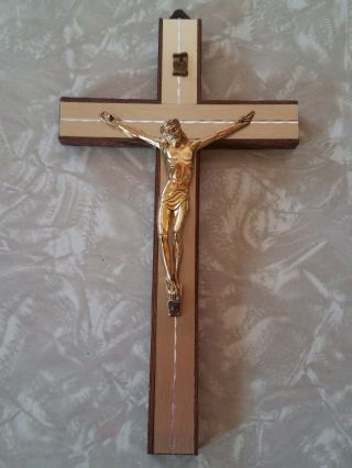 Vintage 8 " Christian Cross Crucifix Wall Hanging Wood W Gold Trim Made In Italy