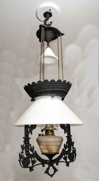 Hanging Antique Oil Lamp,  Cast Iron,  Milk Glass Shade -