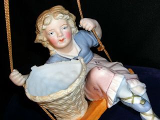 Antique German Bisque Figure Girl On Swing With Basket Old Vintage Figurine