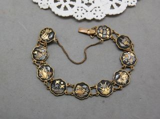 Asian Japan Damascene Bracelet Vintage 7 1/2 " 24kt Gold Silver Inlay Traditional