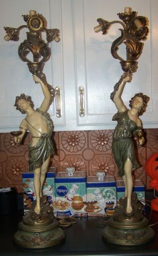 Vintage 37 " Signed L &f Moreau Spelter Figural Maenad Maiden & Opheus Lamps