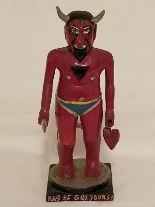 Vintage Hand Carved Wooden Devil Figurine Demon Folk Art Statue