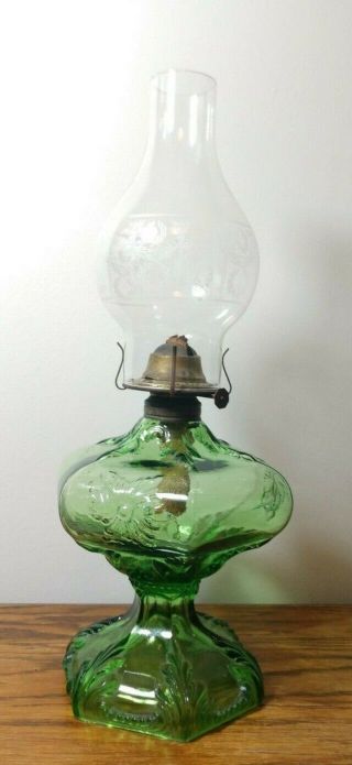 Glowy 18.  5 " Uranium Antique Oil Lamp & Shade Vaseline Glass Flower Sun Brass