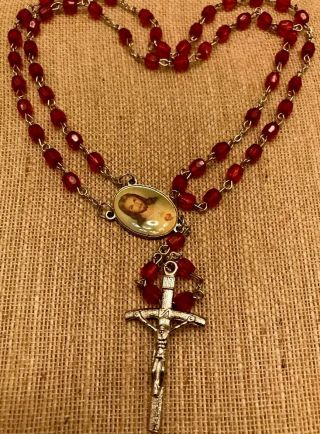 Vintage Ruby Red Gem Cut Beaded Rosary,  Silver Tone Inri Crucifix Jesus Center