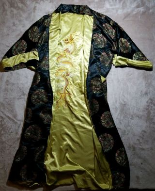 Vtg Embroidered Reversible Dragon Silk Kimono Robe Black/green Pockets