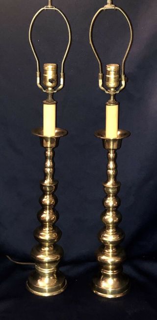 Vntg 32” Matching Pair Solid Brass Cathedral Candlestick Lamps Hollywood Regency