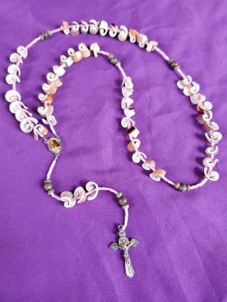 Vintage Natural Sea Shells And Beads Rosary Style Necklace