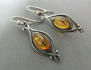 Long,  Vintage,  Solid Silver & Amber Drop Earrings.  Art Nouveau.  Ref: Xaad Os