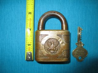 Antique Vintage Eagle Lock Co.  Brass Padlock With Key And