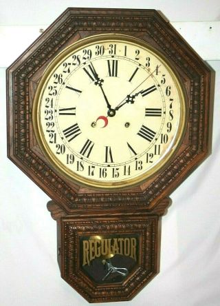 Vintage Carved Oak 8 Day Octagon Drop Regulator Office Calendar Wall Clock.