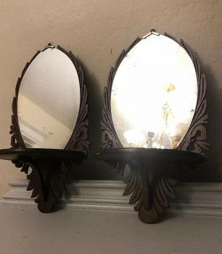 12” Vintage Small Wood Hand Carved Wall Shelve Mirror Scroll Product Co