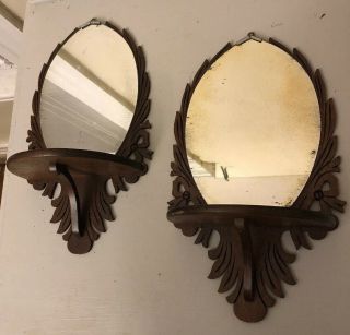 12” Vintage Small Wood Hand Carved WALL SHELVE Mirror Scroll Product Co 2