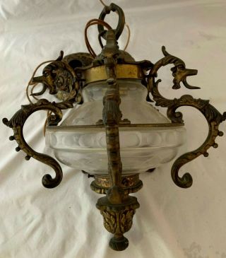 Vintage Brass And Glass Hanging Light Fixture With Dragons