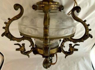 Vintage Brass And Glass Hanging Light Fixture With Dragons 2