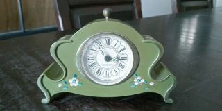 Vintage Westclox Hand Painted Floral Wind - Up Alarm Clock Avocado Green