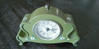 Vintage Westclox Hand Painted Floral Wind - Up Alarm Clock Avocado Green 2