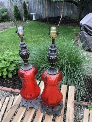 Vintage Falkenstein Red Glass And Brass 3 - Way Lamps