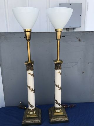 Pair Stiffel Mcm Hollywood Regency Neoclassical Brass Torchiere Table Lamps 38in