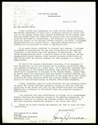 Harry S.  Truman Signed 8x10.  5 1947 Letter On White House Letterhead Bas A89670