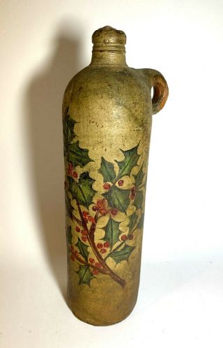 Vtg Christmas Holly Xmas Hand Painted Pottery Stoneware Bottle Jug Gin Old