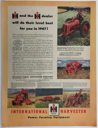 1947 International Harvester - Farmall Tractor,  Implements; Lg Orig & Vtg Ad