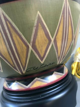 Bob Timberlake Signed Ceramic Table Lamp Wood Base Aztec Design Rare 3