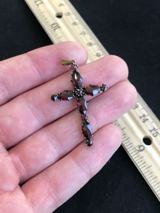 Antique Victorian Bohemian Garnet Cross Pendant - 1.  75” Inch