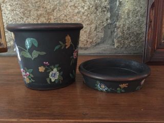 Antique Vintage Wedgwood Black Basalt Flower Pot & Saucer Gorgeous Flowers Exc