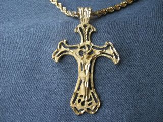 Vintage Golden Metal Filigree Oversized Crucifix With Woven Chain Strap Necklace