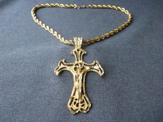 Vintage golden metal filigree oversized crucifix with woven chain strap necklace 2