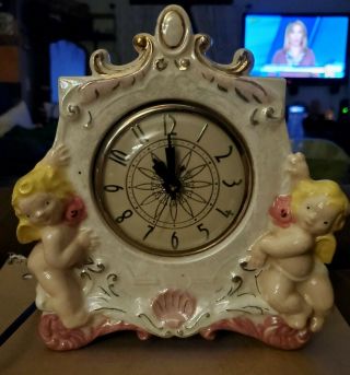 Vintage Electric Clock Ceramic Cherubs Lanshire Movement Usa