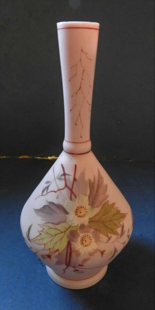 Victorian Pink Satin / Burmese Glass Vase - Painted Flowers - Late 19th Century