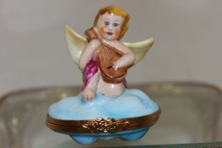 Vintage Limoges Peint Main Porcelain Trinket Box,  Angel Sitting On Cloud,  Cute