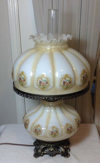 Vintage Xl Gone With The Wind Hurricane 3 Way Lamp W/ Chimney & Rose Design