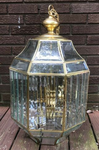 Vintage Large Stunning Brass Beveled Glass Electric Chandelier Entry Way 28 "