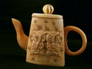 Pure Chinese Hand Carved 2owls Relief Little Pot V003