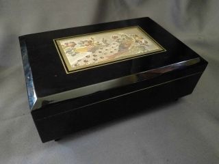 Vintage Black Lacquer Chokin Bird Peacock Musical Jewelry Box Red Lining,  Japan