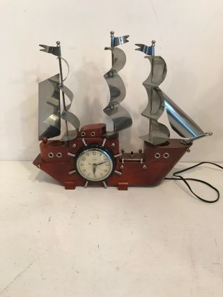 Vintage United Metal Goods Electric Wooden Nautical Sailing Ship Clock