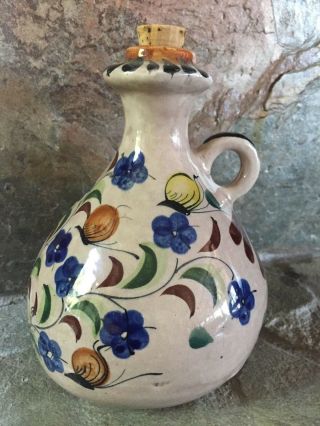 Vintage Signed Mexico Hand Painted Tonala Art Pottery Handled Jug Vase Decanter