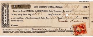 Rare - Civil War 1865 Wisconsin “war Fund” $25 Hastings Canc. ,  Receipt