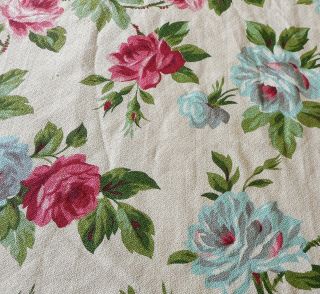 Vintage Shabby Cottage Roses Barkcloth Cotton Fabric Pink Blue Green Gray