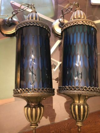Pair Vintage Mid Century Moe Ceiling Light Honeycomb Pendant Emerald Blue