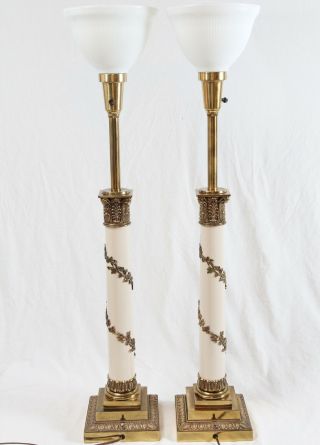 Stiffel Neoclassical Column Grape Vine Brass Table Lamps Pair Vintage Glass