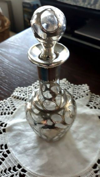 Vintage Art Deco Tall Perfume Sterling Silver Overlay Crystal Glass Bottle