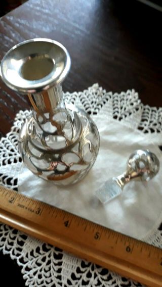 Vintage Art Deco TALL Perfume Sterling Silver Overlay Crystal Glass Bottle 2