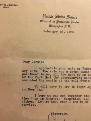 Lyndon Johnson Signed Letter (1956) Re: To Long - Time Friend In Texas 2